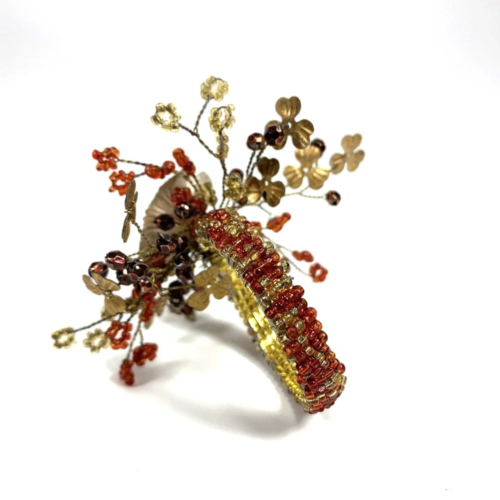 Vintage Pier 1 Napkin Rings Gold Tone Metal Floral Red & Gold Beaded -Set Of 8